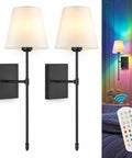 Set Of 2 Battery Powered Wall Sconces No Wiring Needed With Black Fabric Shade Remote Control Dimmable RGB Color Changing Wall Lamp For Bedroom Living Room Hallway 20 Inches Tall shown with remote