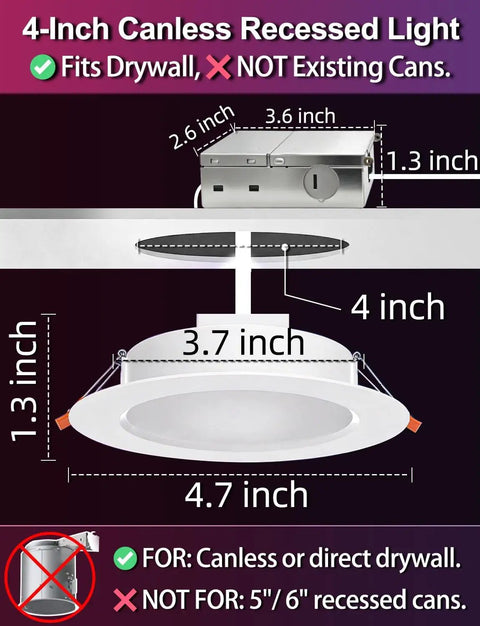 Installation diagram of 4 Inch RGB LED Recessed Lights Canless With Alexa Voice Control And BRmesh App, visual measurements shown.