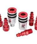 Milton Colorfit M-style 7-piece coupler and plug kit for 1/4" NPT air fittings; red anodized aluminum with rubber bumpers.
