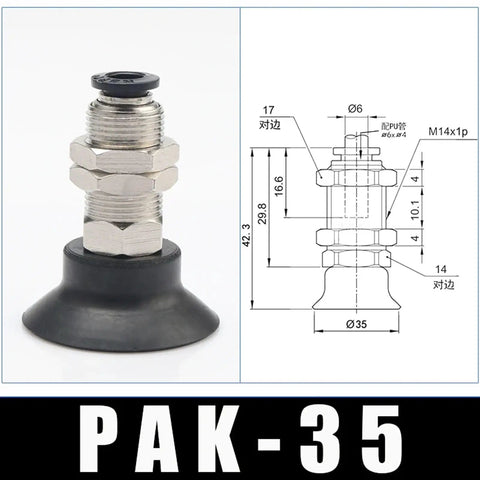 Top Notch Pak Series Pneumatic Rubber Sucker Cup Chuck For Industrial Vacuum Gripping showing PAK-35 suction pad with metal fitting.