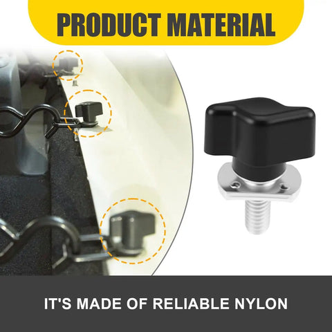 Rock Solid Quick Swap Thumb Screw Kit For Hard Tops And Side Windows Universal Fit Rust Proof Stainless Steel Latches showing durable nylon material and installed thumb screws.