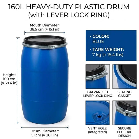 160L Rugged Blue Heavy Duty Plastic Water Storage Drum With Airtight Lid Beefy Food Grade Rain Barrel