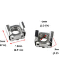 Heavy Duty M6 Mounting Cage Nuts For Server Rack And Network Cabinet Buildout Set, carbon steel, dimensions marked, close-up view.