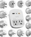 Must-Have World Travel Universal Power Adapter Kit with 2 USA outlets, USB-A, USB-C ports and various plug adapters visible