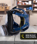 Side view of Workhorse Full Face Respirator Mask for Work and Survival, showing no-slip head straps and dual filters.