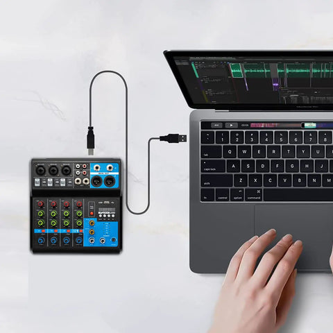 Five Channel Mini DJ Mixer With Bluetooth And USB Playback, Phantom Power, MP3 Stereo Input Output, connected to laptop