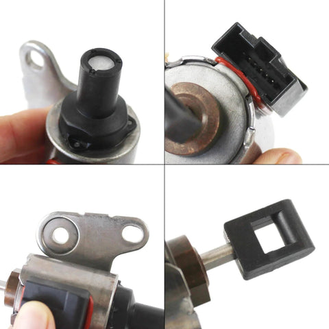 Daysyore JF010E RE0F09A CVT transmission stepper motor; 4-view with mounting tab and 6-pin connector