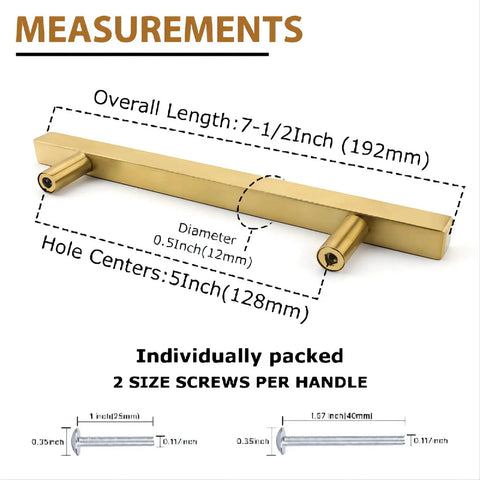 Diagram of 10 Pack 5 Inch Brushed Brass Cabinet Pulls Slick Gold Cabinet Handles with measurements and screws, brushed gold finish.