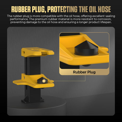 All In One Universal Brake Line Clamp Kit with yellow rubber plug, spring-loaded tool detail, shown on black backdrop.
