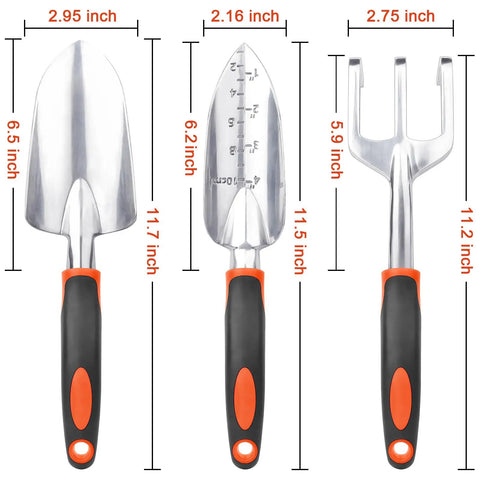 Heavy Duty Garden Tools Set 3 Piece With Ergonomic Handles Shovel Transplant Trowel And Hand Rake Aluminum Alloy Orange For Planting