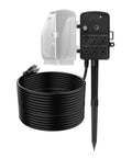 Heavy-Duty Outdoor Power Stake with Smart Timer Acts As a Power Party Starter Transforming One Dead Outlet Into Six Connected Hubs, 50 ft Weatherproof Extension Cord with Remote Control and Dusk to Dawn Auto Switch for Christmas Lights Patio, includes six plugs with a weatherproof design.