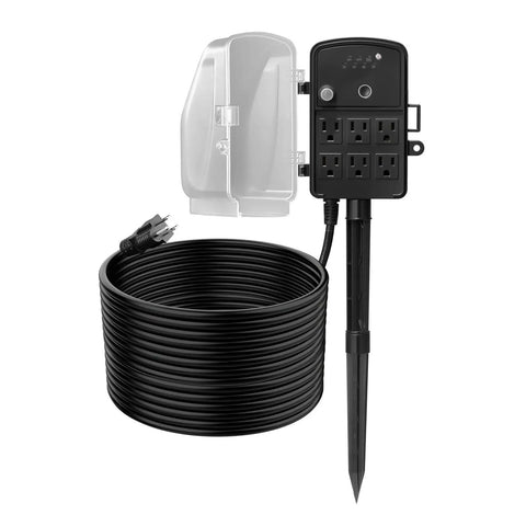 Heavy-Duty Outdoor Power Stake with Smart Timer Acts As a Power Party Starter Transforming One Dead Outlet Into Six Connected Hubs, 50 ft Weatherproof Extension Cord with Remote Control and Dusk to Dawn Auto Switch for Christmas Lights Patio, includes six plugs with a weatherproof design.