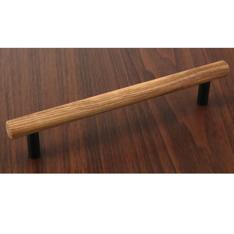 Walnut Solid Wood Pull Handles With Black Aluminum Base For Cabinets And Drawers, 160mm Hole Center, side view on wood surface