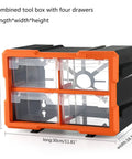 Heavy Duty Plastic Organizing Case Featuring Custom Removable Walls For Screws Bolts Fasteners And Miniature Project Parts Engineered For Tough Daily Grind with four drawers and measurements.