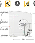 Heavy Duty Self Adhesive Hooks 33Lb Max Transparent Waterproof Wall Hooks for Keys Bathroom, showing dimensions and material