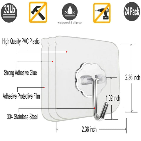 Heavy Duty Self Adhesive Hooks 33Lb Max Transparent Waterproof Wall Hooks for Keys Bathroom, showing dimensions and material