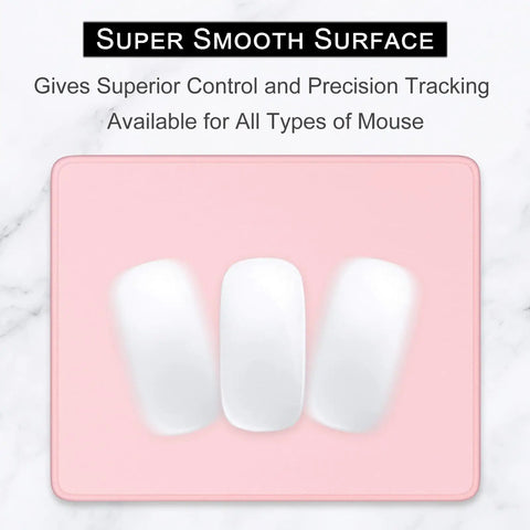 Pink Square Mouse Pad 10.2 X 8.3 Inches, Ultra Slick Surface With Stitched Edge, shown with multiple mice for precision tracking.
