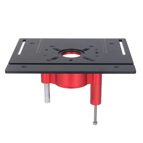 Heavy Duty Router Table Insert Plate With Crank Lift System For On Point Height Tweaks And Rock Solid Vibration Free Woodshop Setup In Matte Black, featuring a sturdy design with adjustable crank and precise measurements.