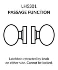 Diagram of Passage Function Cylindrical Door Knob Lock No Keys Satin Stainless Steel US32D LH5301OB showing latchbolt mechanism.