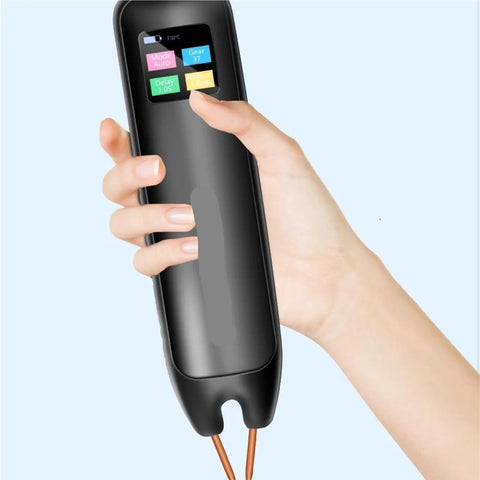 Handheld Spot Welder With 99 Adjustable Settings, 1.3 Inch LCD Display, Dual Mode, in hand close-up view.