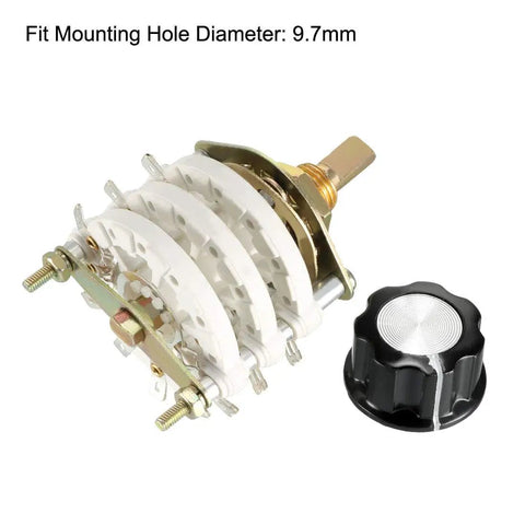 3P6T 3 Pole 6 Position 3 Deck Band Selector Rotary Switch with Knob Cap, 21 Pins, shown with 9.7mm mounting hole and nut