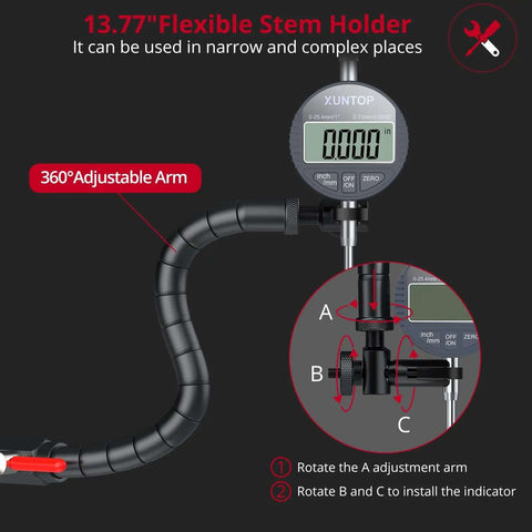 Pro Grade Digital Dial Indicator Gauge Kit With 0 To 1 Inch Range And 0.0005 Inch Resolution, 13.77 Inch Flexible Arm shown