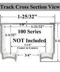Cross section view of 100 Series track dimensions for Two Pack Pocket Door Soft Close Top Hanger Assemblies Bi Directional Operation