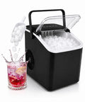 Swift As Lightning Countertop Ice Maker With Handle, Drops Fresh Bullet Ice In Mere Minutes, Dang Fast 26 Pound Daily Yield, Zero Drama Automatic Cleaning Comes With Roomy Basket And Solid Scoop Perfect For Busy Houses Or Road Trip Adventures Black, showing ice in use.