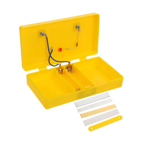 Reliable Conductivity Learning Kit for Hands On Physics Experiments, yellow case with components, wires, and test strips