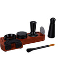 51mm Espresso Distributor And Tamper Set With Spring Loaded Action For Nailed It 30 Lb Pressure Pull Straight Up perfect shots, walnut base and black accessories