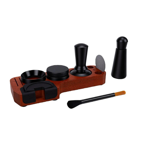 51mm Espresso Distributor And Tamper Set With Spring Loaded Action For Nailed It 30 Lb Pressure Pull Straight Up perfect shots, walnut base and black accessories