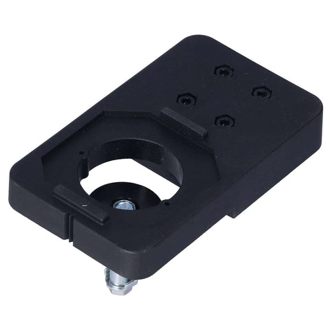 Hinge boring jig base, 35mm guide hole, black plastic with mounting bolt