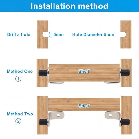 Installation method for Quarter Inch L Shaped Metal Shelf Pins With Rubber Sleeves in cabinets, showing two mounting options.