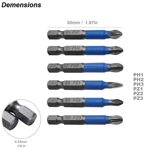 Heavy Duty Magnetic Screwdriver Bits Set With Anti Slip Non Cross Design For Electric Drill And Impact Driver Hand Tools That Hold Screws Tight Without Stripping During Heavy Projects Or Home Repair Jobs. 50mm S2 steel PH/PZ bits, 1/4 in shank