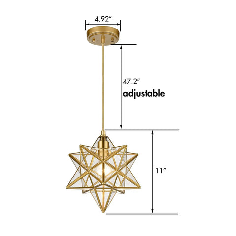 Modern Gold Moravian Star Pendant Light With Clear Glass Shade Adjustable 47.2 Inch Hanging Wire, 11 Inch Diameter Fixture