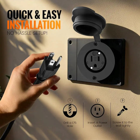 Hand installing Rugged Outdoor Waterproof Outlet Kit with 15 Amp 125 Volt NEMA 5-15R Panel Mount on wall with open rubber cover