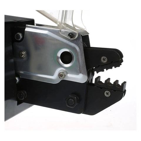 Close-up of the jaw mechanism of Top Shelf Electric Terminal Crimping Machine with nine precision dies for efficient wire termination.