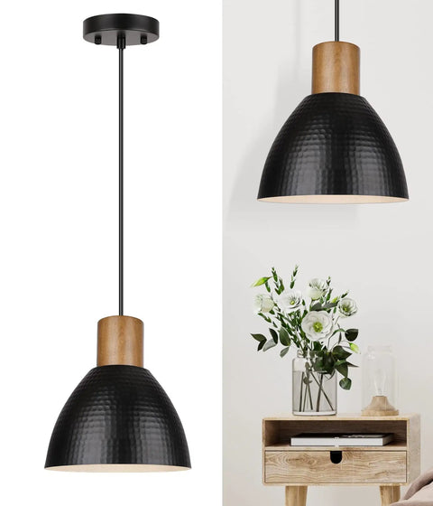 Industrial Hammered Metal Pendant Light Fixture with 10 Inch Adjustable Hanging Lamp and Black Shade for Kitchen Island or Dining Room