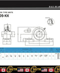 UCP205-16 pillow block bearing unit, cast-iron housing, 1-inch bore, front and side technical drawings with dimensions