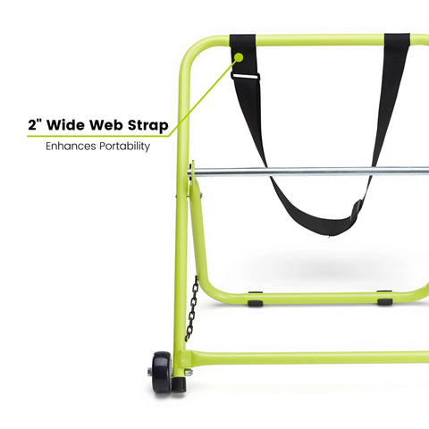 Industrial Wire And Cable Caddy With Wheels And Pull Strap Heavy Duty Steel Dispenser for 20 Inch Reels, highlighting the 2-inch wide web strap.