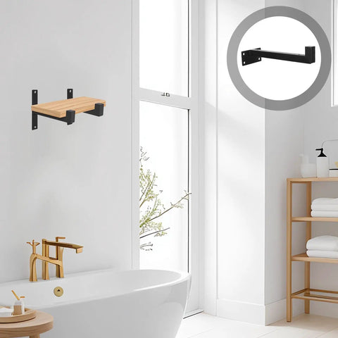 L Shaped Shelf Bracket Set With Stainless Steel Build And Screws For Space Saving Floating Shelves in modern bathroom setup
