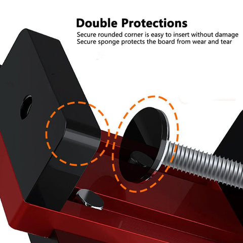 Close-up of Heavy Duty Cabinet Door Mounting Jig showing secure rounded corner and sponge protection for board.