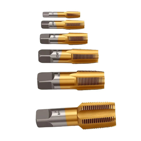 Six Piece Ti Coated Carbon Steel NPT Pipe Tap Set With Storage Case For Plumbing Automotive And Construction Jobs - Includes 1/8 In, 1/4 In, 3/8 In, 1/2 In, 3/4 In And 1 In Hand Threading Taps, shown in size lineup