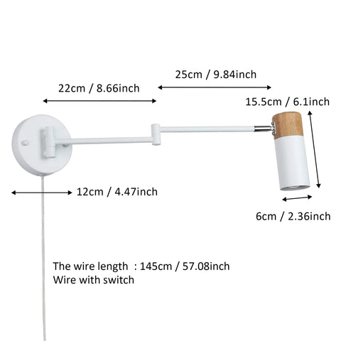 Plug In Swing Arm Wall Lamp With Wood Head, Modern White Finish, ultra flexible 180 degree arm, dimensions labeled