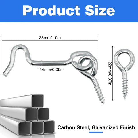 Slick Carbon Steel Hook And Eye Latch Lock For Door Gate Screen Security One Point Five Inch Heavy Duty Fasteners with dimensions.