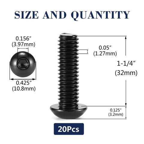 Heavy Duty 1/4 20 X 1 1/4 Button Head Socket Cap Bolts 20 Piece Set 304 Stainless Steel dimensions with size labels