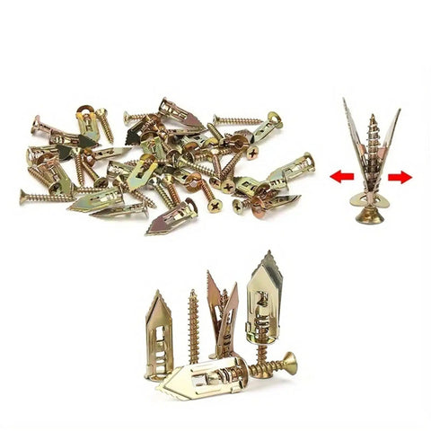 Heavy Duty Self Drilling Drywall Anchor And Screw Kit, 50 Piece Set For Fast DIY Home Fixes, Mounting In Wood Or Drywall, Strong Metal Anchors For Hanging Shelves And More, metal anchors and screws displayed open and closed