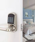 3 In 1 Ultra Secure Electronic Keypad Door Lock With Handle, satin nickel finish, installed on right-handed bedroom door