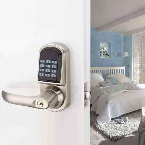 3 In 1 Ultra Secure Electronic Keypad Door Lock With Handle, satin nickel finish, installed on right-handed bedroom door