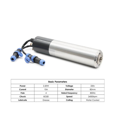 Premium 22Kw Water Cooled Spindle Motor Delivering 24000 Rpm With 2 Pole 400Hz Setup shown with connectors and specifications.